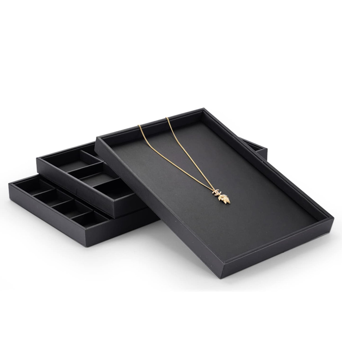 Woodten Black PU Leather Jewelry Display Flat Tray Ring Necklace Watch Organizer Display Tray (1 grid)