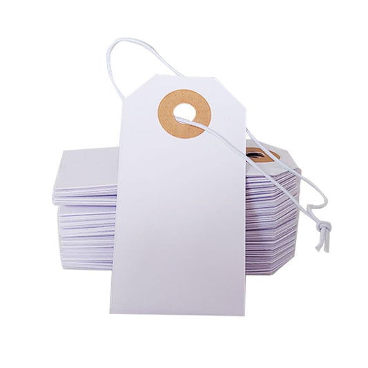100 Pack Small Marking Tags Price Tags, Attached Reinforced Hole Writable Tags, Blank Shipping Tags, Attached Reinforced Hole Tags, White Hang Paper Tags with Elastic String 2.75'' x1.37''