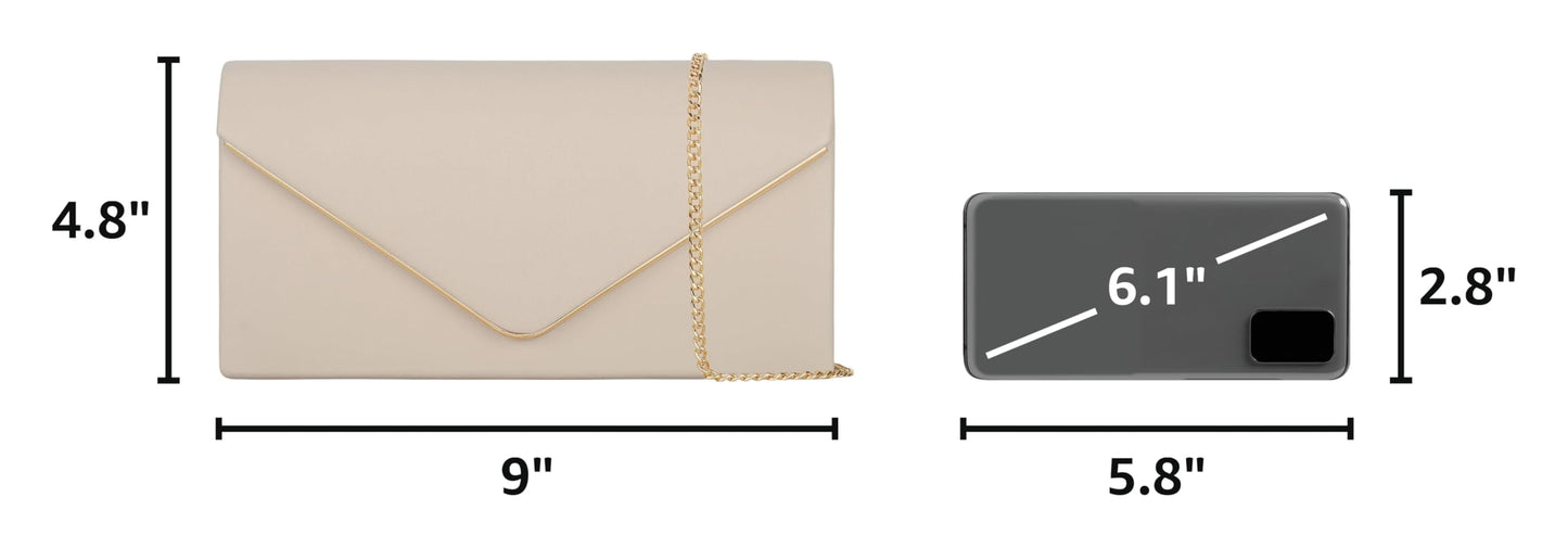 Vegan Leather Envelope Clutch Bag Classic Dressy Purse Foldover Evening Handbag Beige Medium