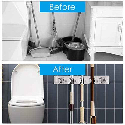 Tangkula Wall Mount Mop Broom Holder, Hanging Broom Organizer w/ 5 Slots & 6 Hooks, Home Storage Organizer Rack, Hanging Utility Rack for Home, Kitchen, Garage, Laundry (White)