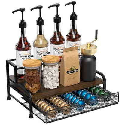 Coffee Syrup Rack Organizer, 3-Tier 8 Bottles Syrup Rack with Pod Holder Drawer for Nespresso Pods, Holds up to 30 Big or 40 Small Capsules, Countertop Coffee Bar Organizer for Kitchen Cafe