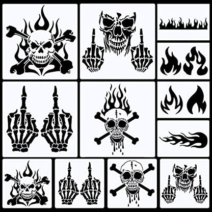 12 Pieces Skull Stencil Flame Stencil Fire Skull Stencils for Airbrushing Reusable Airbrush Flame Template Painting Decor Laser Cut Reusable Templates for Auto Motorcycle Cloth Wall Art Decor