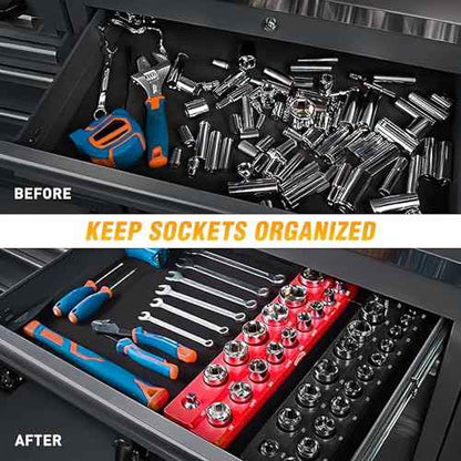 GOOACC 1/2" Magnetic Socket Organizer Set, 2 Pieces Metric & SAE Socket Drive Holders, 1/2 inch Drive Socket Organizer Trays Holds 35 Standard Sockets for Tool Box