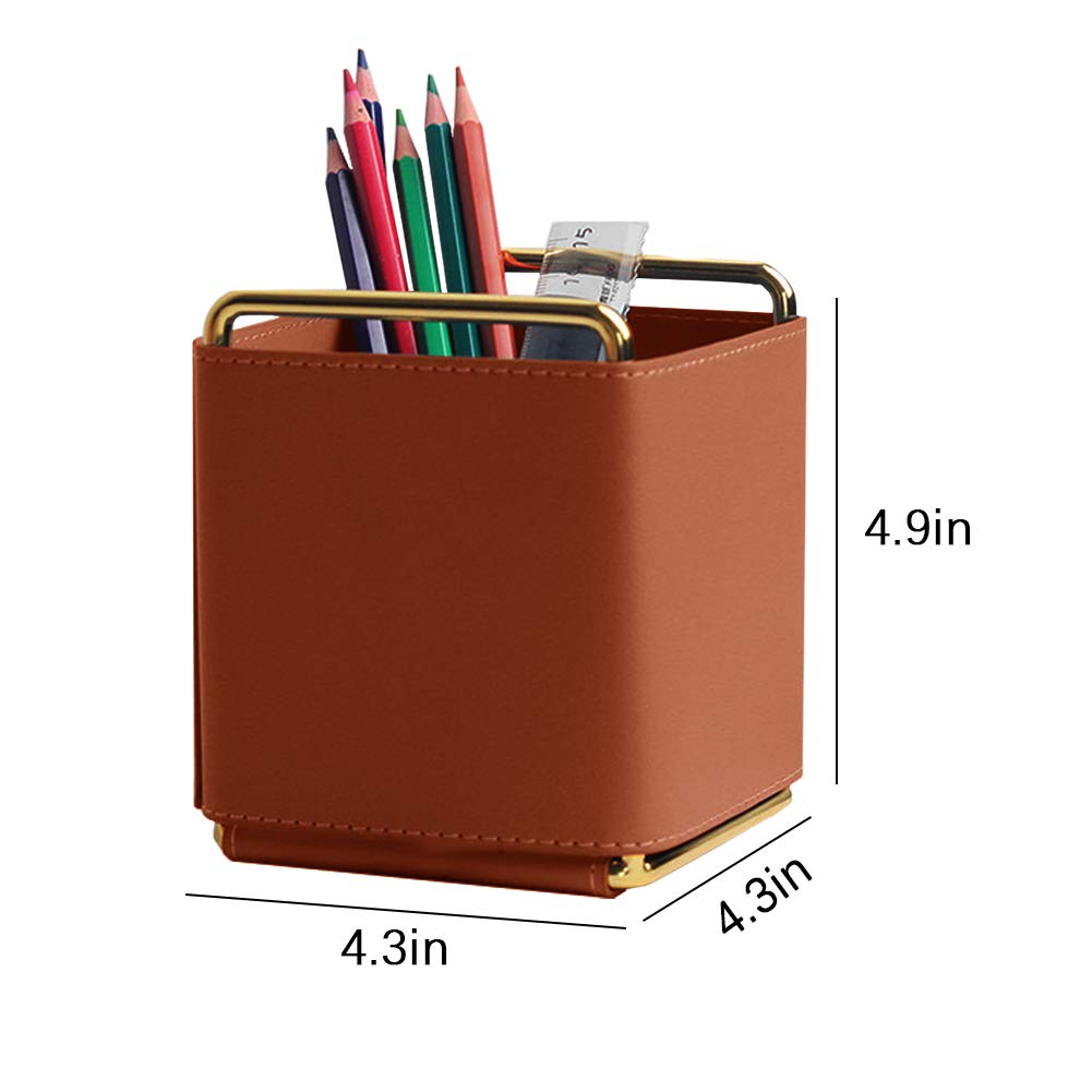 Kelendle Leather Pencil Holder Desktop Organizer Iron Art Desktop Makeup Brush Remote Control Storage Box Office Pen Holder for Desk Brown