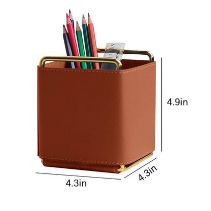 Kelendle Leather Pencil Holder Desktop Organizer Iron Art Desktop Makeup Brush Remote Control Storage Box Office Pen Holder for Desk Brown