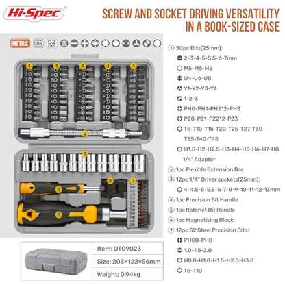 Hi-Spec 78pc Multi Screw Driver Bit Set and 1/4 inch Socket Set with Handles. Flexible Extension, Precision, Torx and Tamperproof 1/4 inch Hex Screwdriving Bit Accessories in a Case