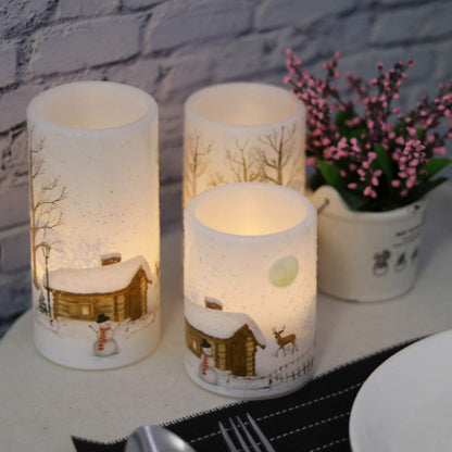 GenSwin Christmas Snowman Flameless Candles Flickering Battery Operated with Timer, Real Wax Led Pillar Candles Warm Light, Christmas Snowman Deer Home Decor Gift(Pack of 3)