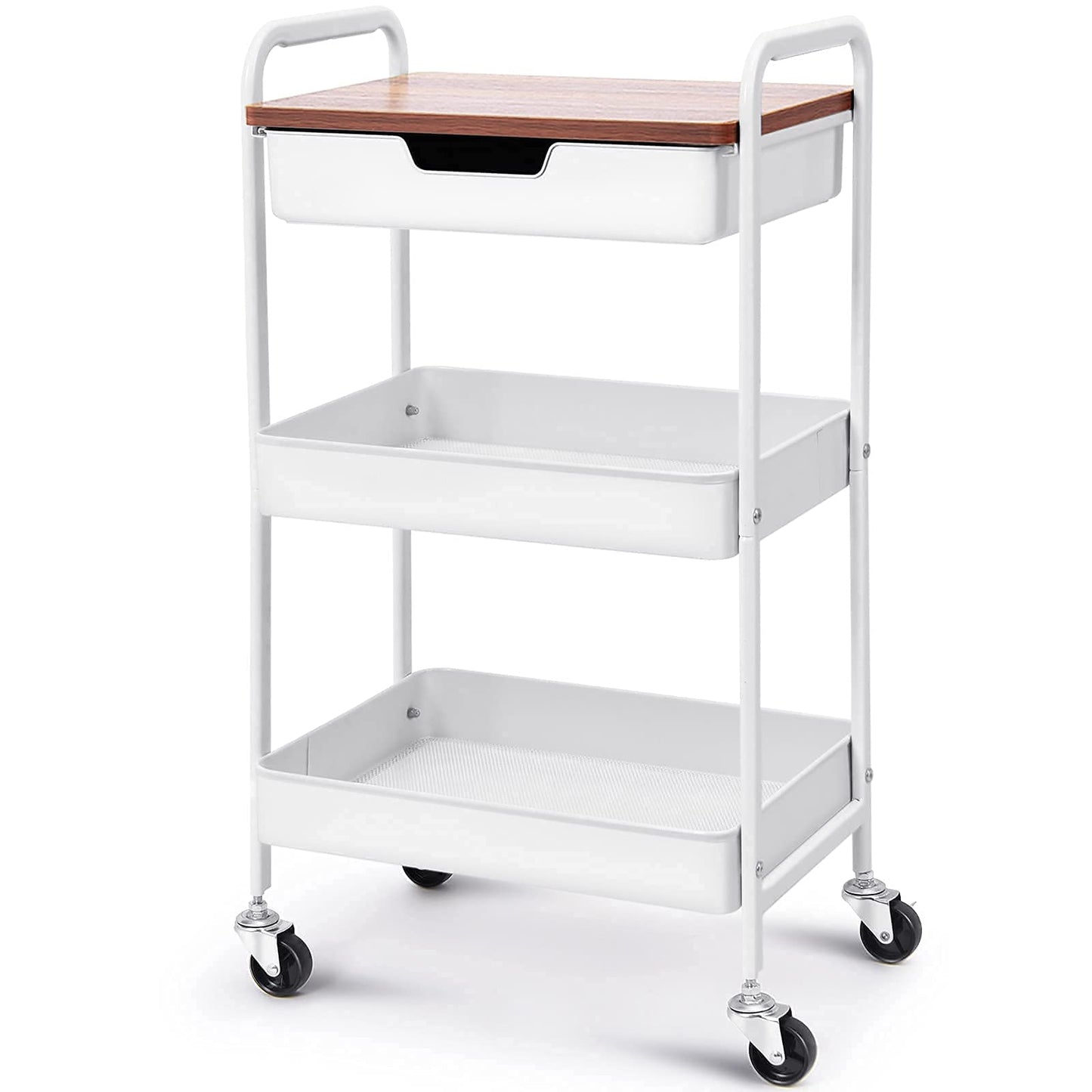 TOOLF 3 Tier Metal Utility Rolling Cart - White Storage Cart with Drawer and Wooden Table Top, Trolley Kitchen Organizer Rolling Desk with Locking Wheels for Office, Classroom, Home, Bedroom