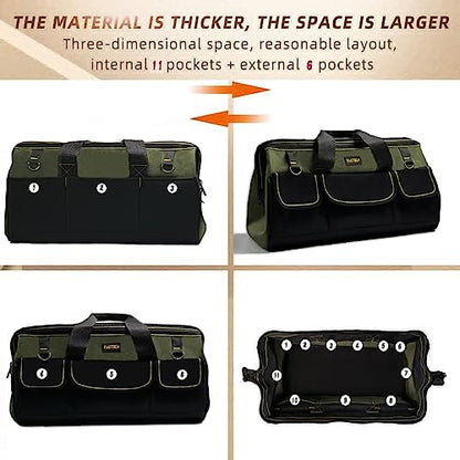 FASTECH 22-inch Wide Mouth Tool Bag with Water Proof Molded Base, Wide Mouth Tool Tote Bag, Waterproof Tool Organizer Bag for Men with Adjustable Shoulder Strap(No Bottom Shell)