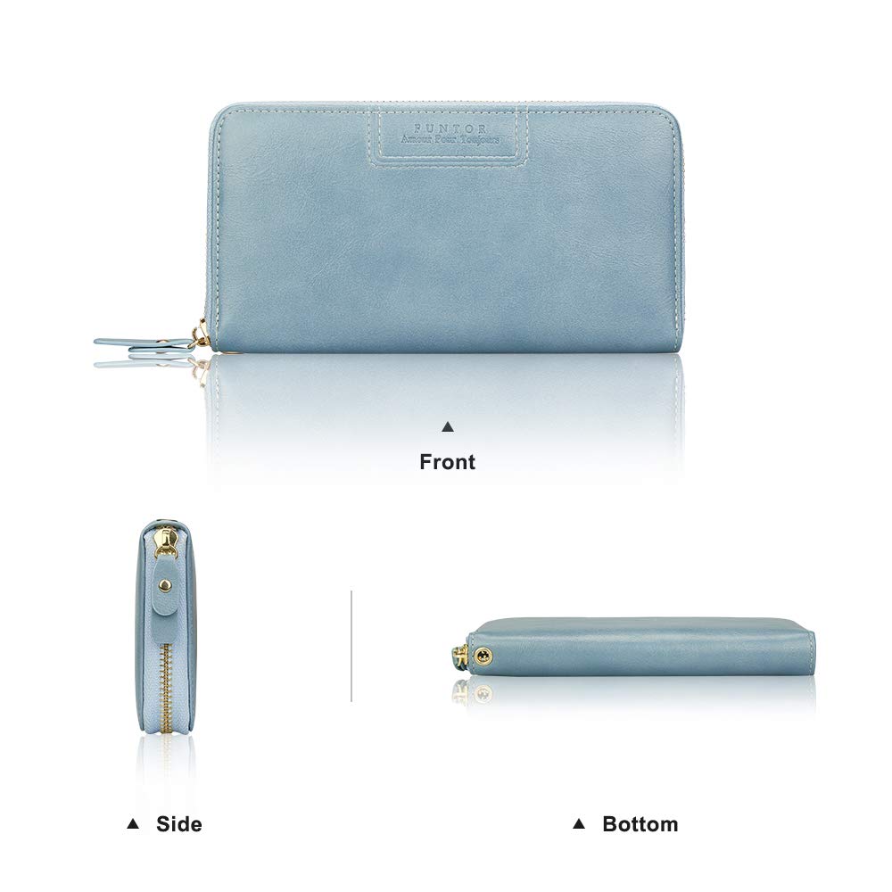 FT FUNTOR Wristlet Wallet for Women, Ladies Zip around Wallet PU Vegan Leather Clutch Long Purse Phone Card Holder Organizer Blue