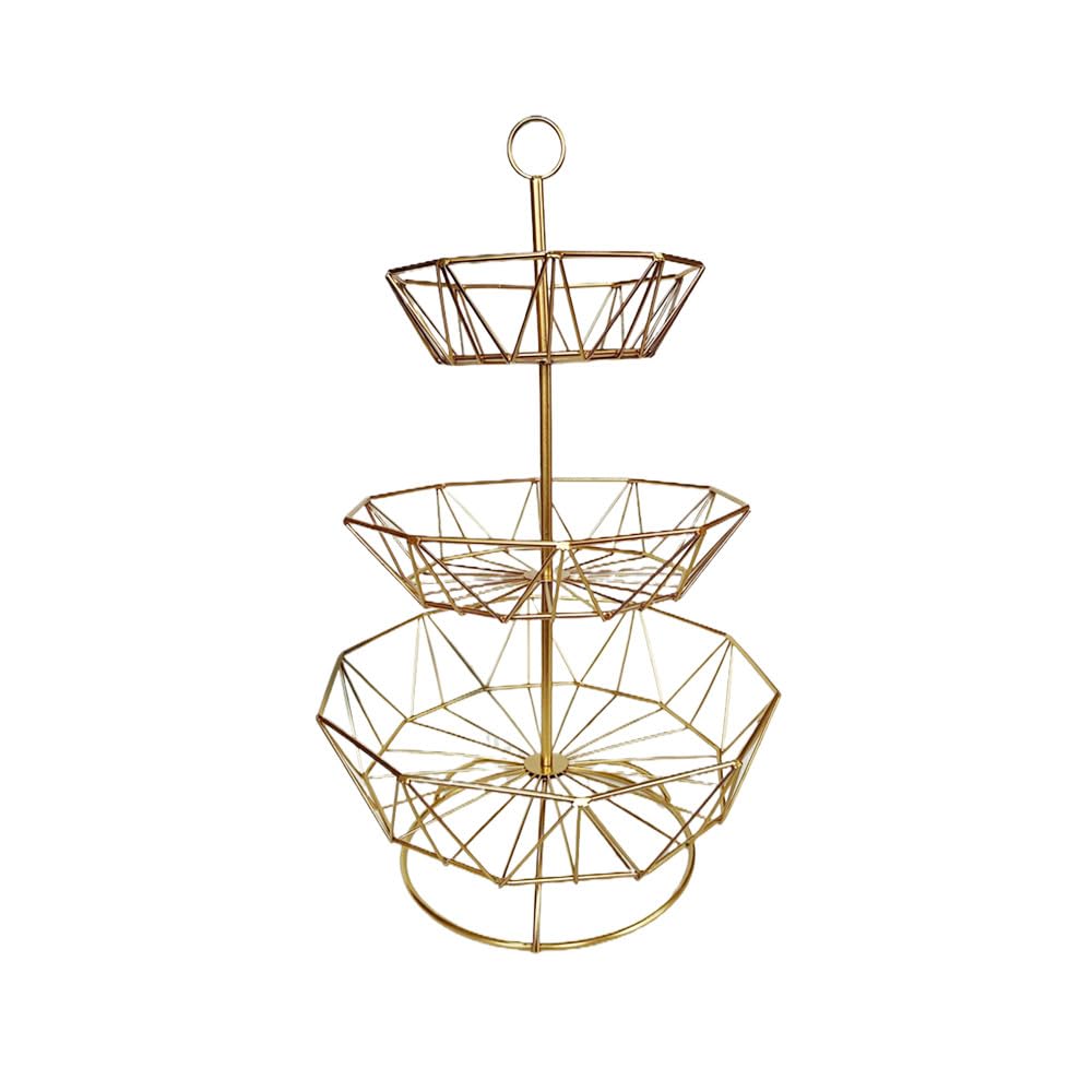 3 Tier Fruit Basket Bowl Stand for Kitchen Counter, Tiered Metal Wire Serving Stand Holder, Vegetable Storage Basket Organizer Trays, Detachable Multi Layer Snack Food Dessert Display Stand (Gold)