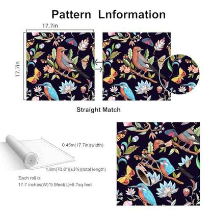 Vintage Black Floral Bird Peel and Stick Wallpaper Dark Botanical Design with Butterfly Removable Self Adhesive Vinyl Contact Paper for Cabinets Bathroom Wallpaper 17.7" x 70.8"
