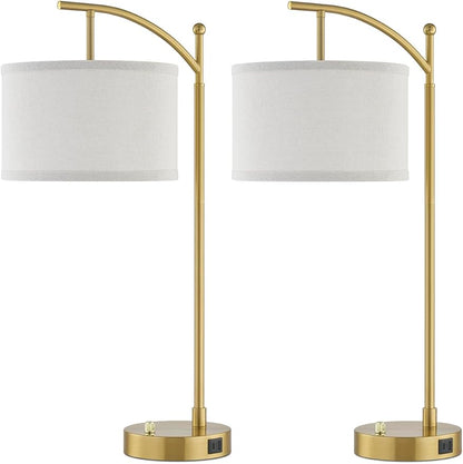 Table Lamp for Living Room Bedroom, 23.5" Table Lamps Set of 2 with USB C+A Ports, Bedside Lamps for Nightstand with Linen Lamp Shades, 2 Dimmable LED Bulbs Included, Gold