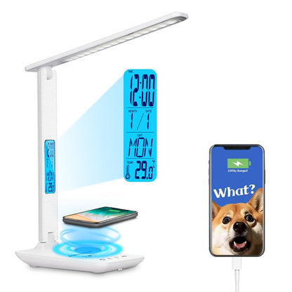 Multifunctional LED Desk Lamp with Wireless Charger,USB Charging Port,Clock,Phone Holder,Desk Lamps for Home Office,Eye-Caring Reading Lamp,Study Lamp for Boys,Girls,Teens,White