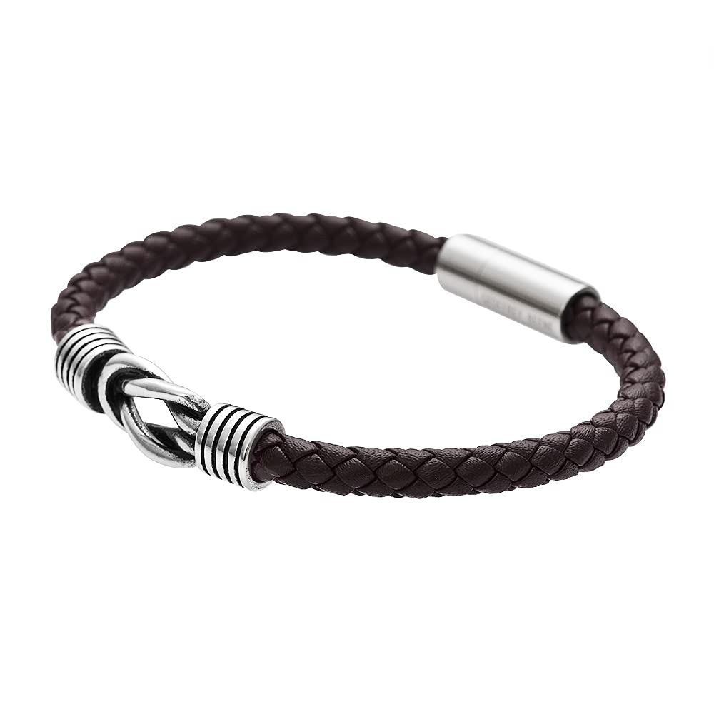 Geoffrey Beene Men's Braided Genuine Leather Knot Bracelet with Stainless Steel Closure (Brown, 8.5")