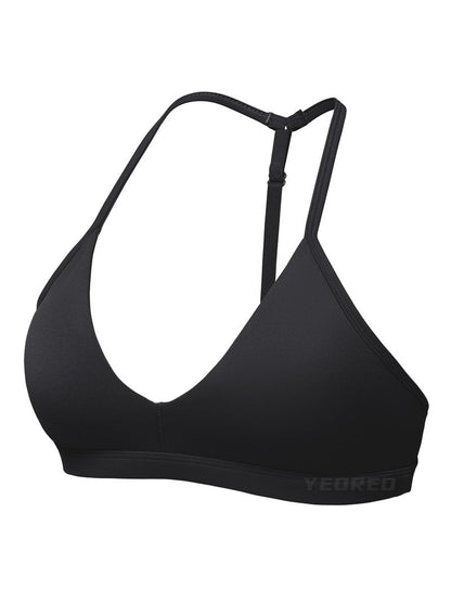 YEOREO CoreFlex Sports Bras for Women Strappy Padded Halter Open Back Light Impact Deep V Neck Yoga Workout Gym Tops Black M