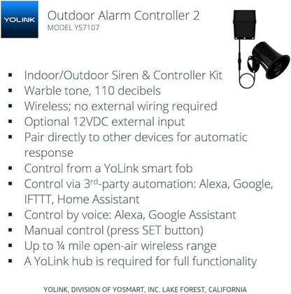 YoLink Outdoor Security Siren & Smart Alarm Controller Kit - Loud 110 dB, Wireless, Battery-Powered, 1/4 Mile Range, Android-iOS App, Alexa, Google, IFTTT, Home Assistant, Hub Required!