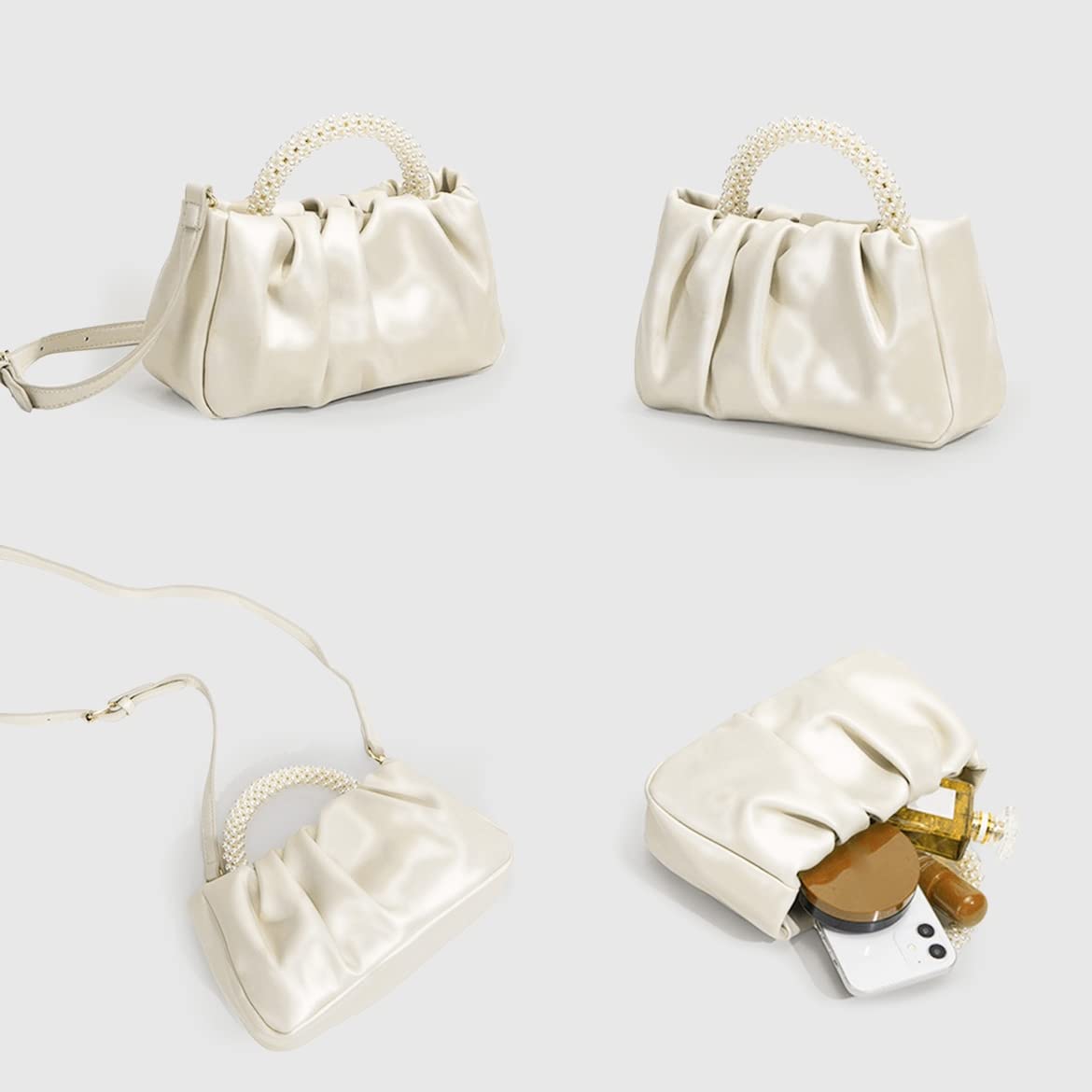 Beatfull Evening Purse Women Small Pearl Handbags Soft Leather Ruched Bag Wedding Bridal Clutch Party Prom Crossbody Purses White