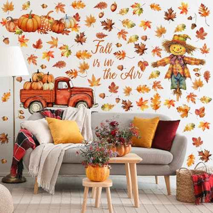125 Pcs / 6 Sheet Thanksgiving Wall Decals Watercolor Truck Pumpkin Maple Leaves Scarecrow Wall Decals for Fall Thanksgiving Day Home Autumn Harvest Party Living School Office Party