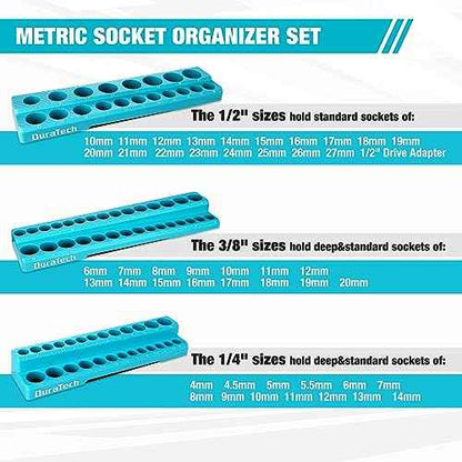 DURATECH Magnetic Socket Organizer Set, 1/4", 3/8", 1/2" Drive Metric Socket Holders Socket Trays for Tool Box and Tool Cart, Hold 74 Pieces Standard Size Deep Size Sockets (Sockets Not Included)
