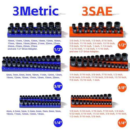 KJE Magnetic Socket Organizer Set 6 Piece, Magnetic Socket Holder Includes 1/4", 3/8", 1/2", Holds 143 Pieces Metric and SAE Socket Trays for Tool Box Drawer