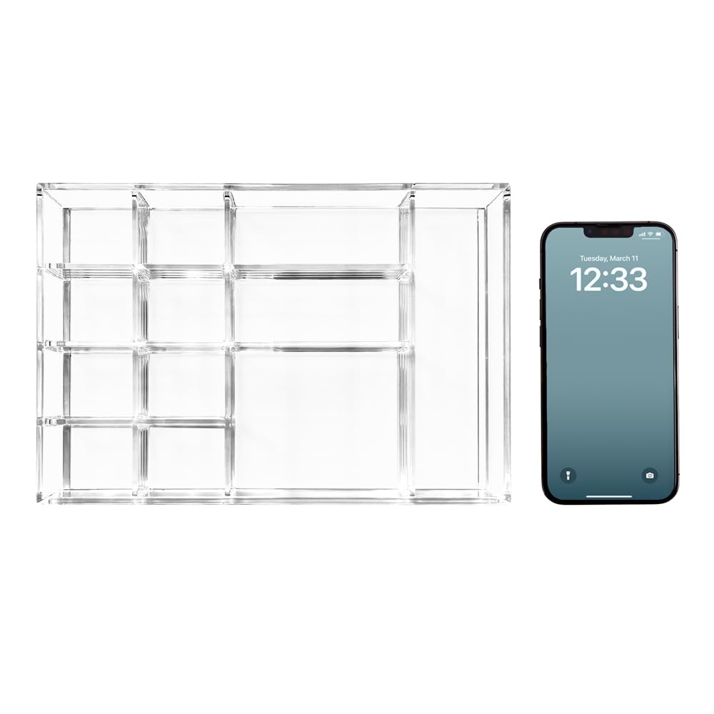 Isaac Jacobs 12-Compartment Clear Acrylic Drawer Organizer (9.4" L x 6.4" W x 1.3" H), Multi-Sectional Tray & Storage Solution for Makeup, School & Office Supplies, Bathroom, Kitchen