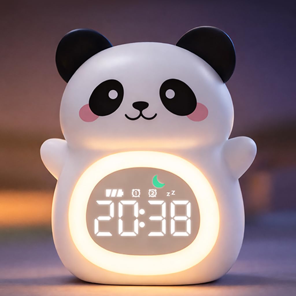 MASHI Panda Kids Alarm Clock, Sun & Moon Sleep Trainer for Toddlers, Cute Animal OK to Wake Clock with 9 Color Night Light, 6 Soothing Sounds, Dual Alarm, for Boys & Girls