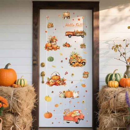 Thanksgiving Fall Wall Decals Removable Autumn Peel and Stick Wall Stickers 6-Sheet Set with Pumpkin Truck, Maple Leaves Design for Home, Office, Bedroom, Living Room Party Decor