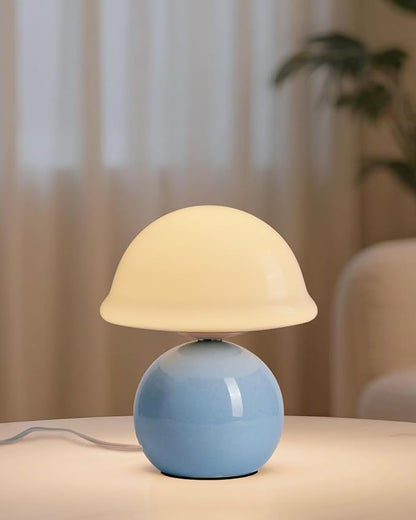 Mushroom Lamp Bedside Table Lamp for Bedroom, Cute Small Lamps with Glass Lampshade, Nightstand Lamp with Dimmer for Living Room Kitchen Apartments Offices Desk Shelves (Blue)