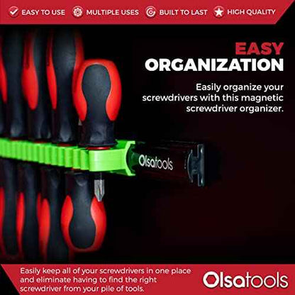 Olsa Tools Magnetic Screwdriver Organizer | Professional Quality Tool Organizer | Fits up to 16 Screwdrivers | Black and Green