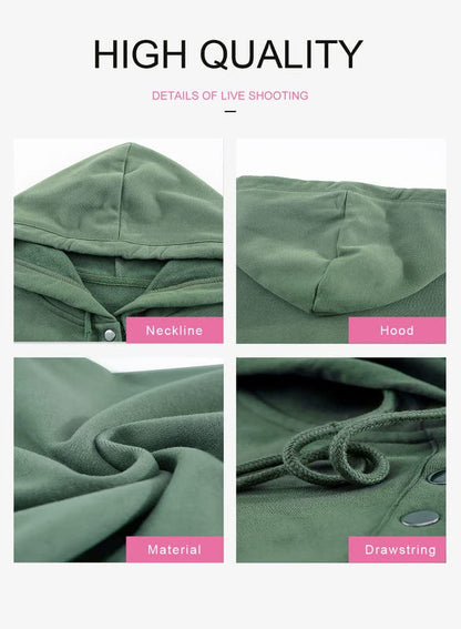 Dokotoo Hoodies For Women Drawstring Long Sleeve Front Button Collar Hooded Pullovers with Pockets Winter Sweatshirt Loose Fit Casual Ladies Fall Shirt Tops X-Large Green