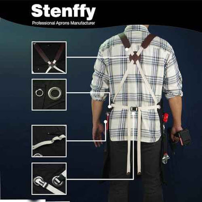 Woodworking Apron, Tool Apron, Canvas, Multiple Pockets, Adjustable Zipper, Metal Ring, Tape Measure Clip, Plus Size, Black.