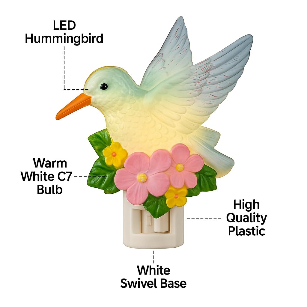 Novelty Lights LED Lamp Hummingbird with Flowers Spring Easter Decoration Night Light with Swivel Plug