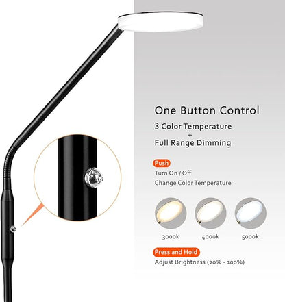 O’Bright Moon - Dimmable LED Floor Lamp, Adjustable Color Temperature for Bedside Reading, Work Light, Art/Crafting Light, Sewing, 360° Flexible Gooseneck, Rotatable Lighting, Black