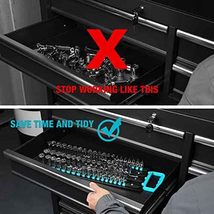 DURATECH Socket Organizer, 80-Piece Portable Socket Holder with Handle, ABS Sockets Tray Wall and Tool Cart Mounted, 1/4", 3/8", 1/2" Drive, Blue(Socket not Included)