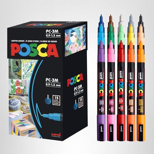posca Paint Markers, 3M Fine Point Acrylic Paint Pens with Reversible Tips, Art Supplies For Gifts, Decorations Fabric, Metal, Glass, Wood and Canvas, Set of 15