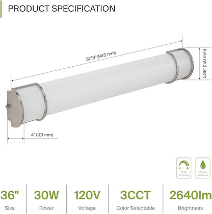 ASD LED 36" Vanity Flush Mount Light Fixture, Linear Bathroom Lighting Bar | 3CCT, Dimmable, Energy Star, ETL Listed | 30W 2650LM 3000-5000K 120V | Long Bath Wall Sconce Over Mirror | Nickel, 4 Pack