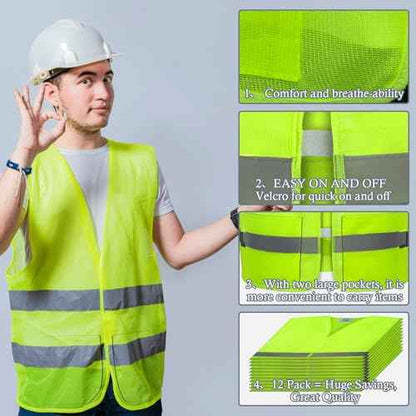 12 Pack Safety Vests with Pockets- Reflective High Visibility,Hi Vis Mesh Vest for Men/Women,Work,Construction,Walking