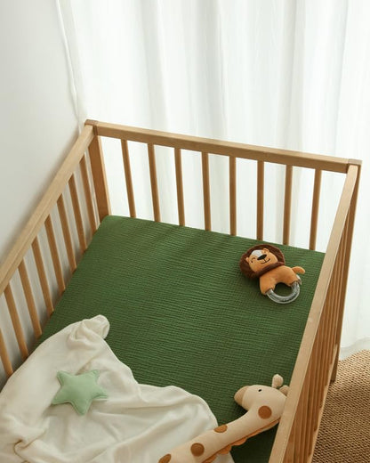 Blissful Diary Muslin Crib Sheets for Girl Boy, Boho Neutral Soft Cotton Baby Sheet for 52''x28'' Standard Crib Mattress, 2 Pack(Monstera&Dark Green)