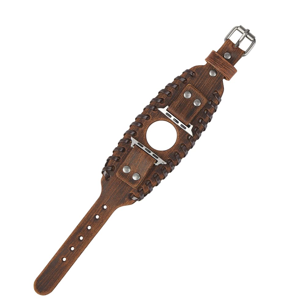 KONAFEI Compatible with Apple Watch Band 49mm 46mm 45mm 44mm 42mm 41mm 40mm 38mm iWatch Ultra Series 10/9/8/7/SE/6/5/4/3/2/1 for Men Women, Leather Handmade Cuff Bracelet Woven Vintage Strap, Brown
