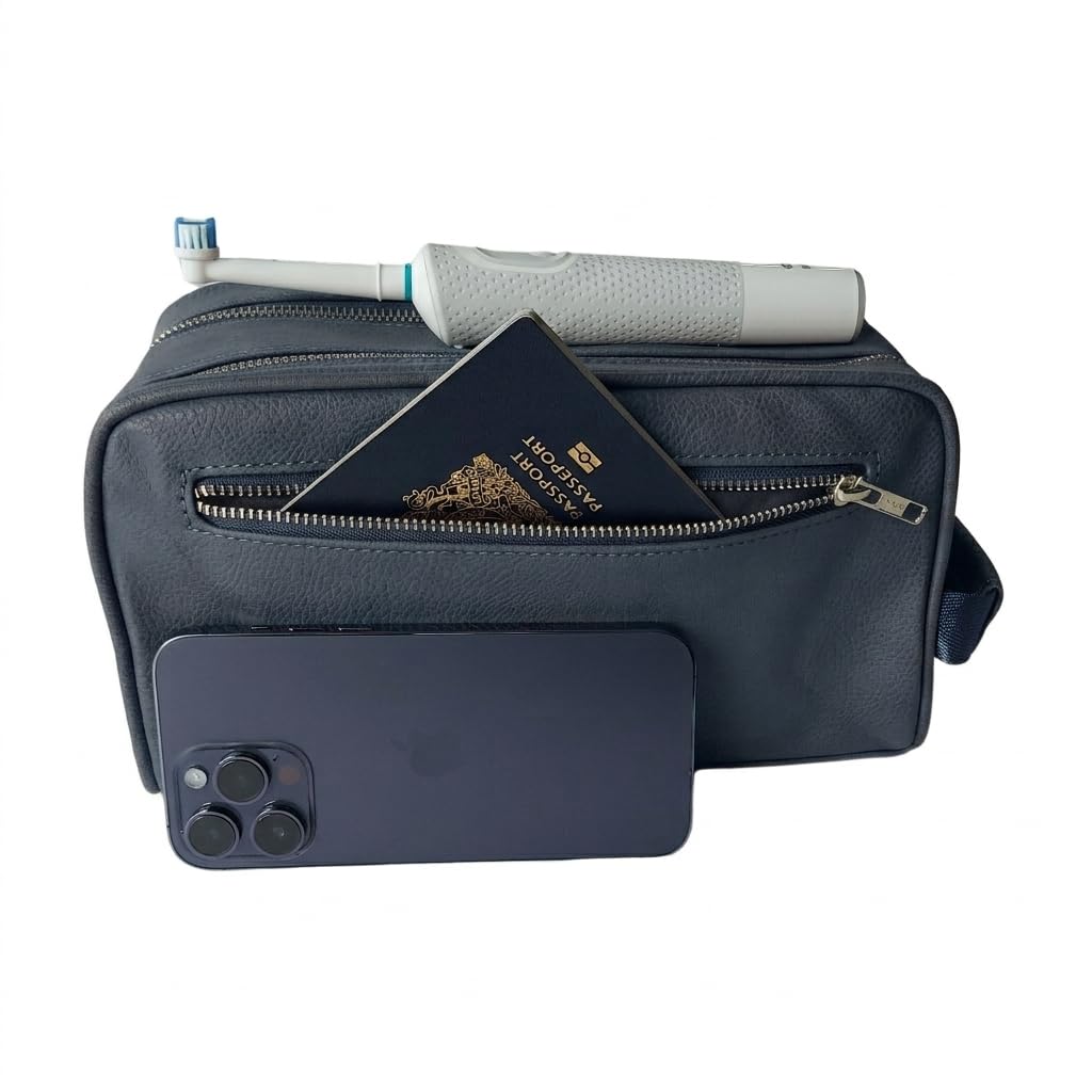 Toiletry Bag For Men, Premium PU Leather Dopp with Metal Zippers & Bottom Studs, Waterproof Grooming Kit for Men, Mens Birthday Gift, Includes Velvet Dust Bag & Shape-Retention Stuffing / NAVY BLUE