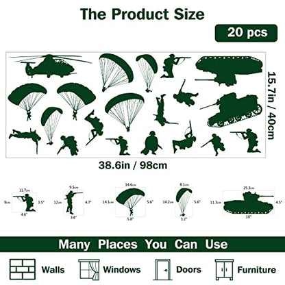 PLIGREAT 20 Pcs Parachutes Tanks Soldiers Wall Stickers, Peel and Stick Wall Decals, DIY Art Decor Removable Vinyl Military Green Walls Stickers for Living Room Bedroom Paly Room Home Decorations