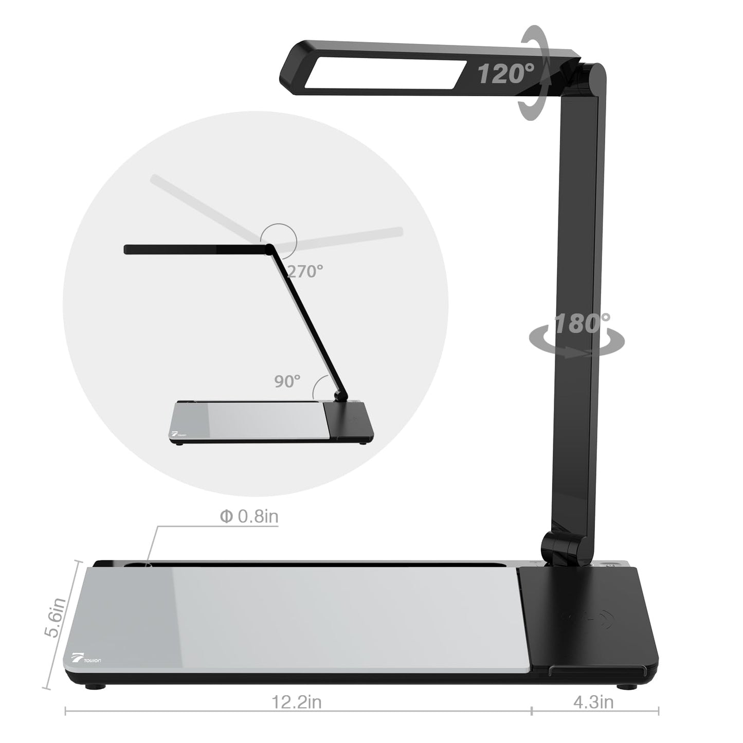 TOWON LED Desk Lamp with Charging Pad and Dry Erase Whiteboard - Adjustable 2 Level Light Touch Lamp, Eye-Caring Foldable Table Lamp with White Board Storage College Dorm Room Essentials, Black
