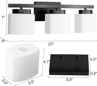 3-Light Bathroom Vanity Light Fixture Over Mirror, Modern Matte Black Vanity Lights with Milky Glass Shade, 23 inches Vanity Lighting Fixtures for Bathroom Lighting