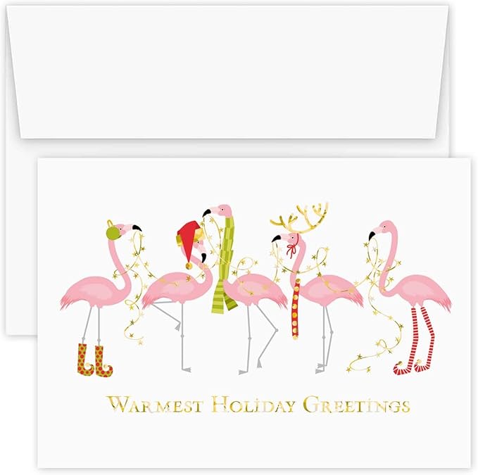 Canopy Street Masterpiece Fashion Flamingos Christmas Cards / 16 Holiday Card Set With Gold Foil And White Envelopes / 5 5/8" x 7 7/8" Winter Greeting Cards With Inside Verse/Made In The USA