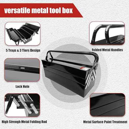 Metal Cantilever Tool Box, 21" Fold Out Steel Tool Box with Handle 3-Tier 5 Tray, Portable Metal Tool Storage Box Organizers for Home Studio Auto Repair Factory