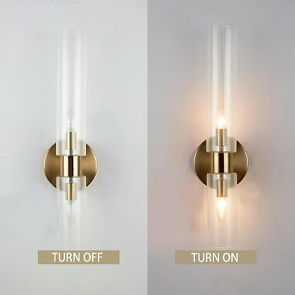 Modern Asymmetrical Glass Double Tube Wall Sconce, 2-Light Textured Shades, Wall Mounted Light for Living Room, Hallway, Bedroom, Porch, Bathroom (Brass)