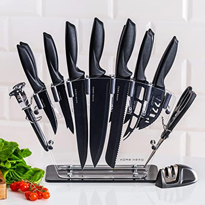 Home Hero Kitchen Knife Set with Sharpener - High Carbon Stainless Steel Knife Block Set with Ergonomic Handles (20 Pcs - Acrylic Black)