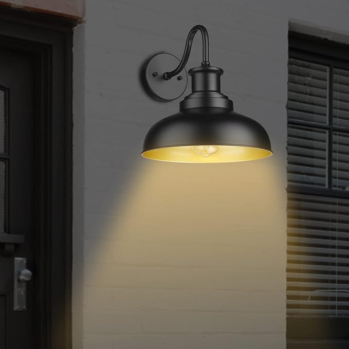 Dusk to Dawn Outdoor Gooseneck Barn Lights Outdoor Wall Sconces Farmhouse Exterior Wall Mount Light Vintage Outside Lighting Fixture Industrial Black Lanterns for Porch Garage Shed Patio, 4 Pack