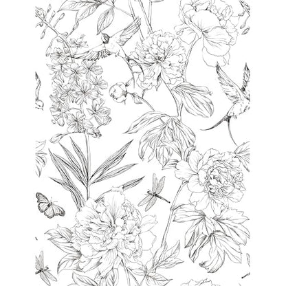 Jiffdiff White and Black Wallpaper Peel and Stick Sketched Peony Floral, Waterproof Removable Self Adhesive Wall Paper with Botanical, Bird and Butterfly for Bedroom and Bathroom 120"X17.3"(14.4sq.ft)
